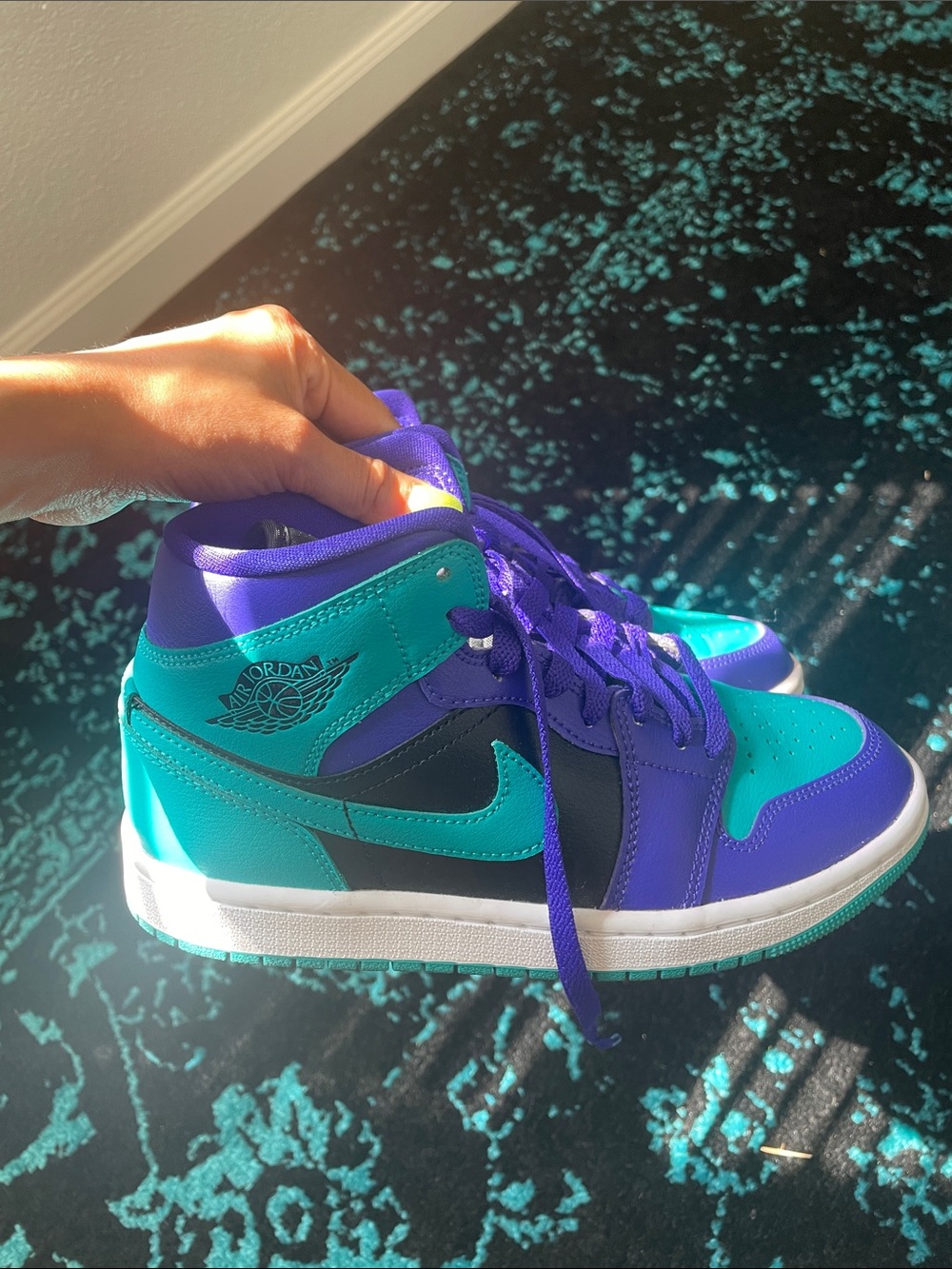 Unique 90s style Jordan Women's Mid-Top Sneakers in Teal and Purple